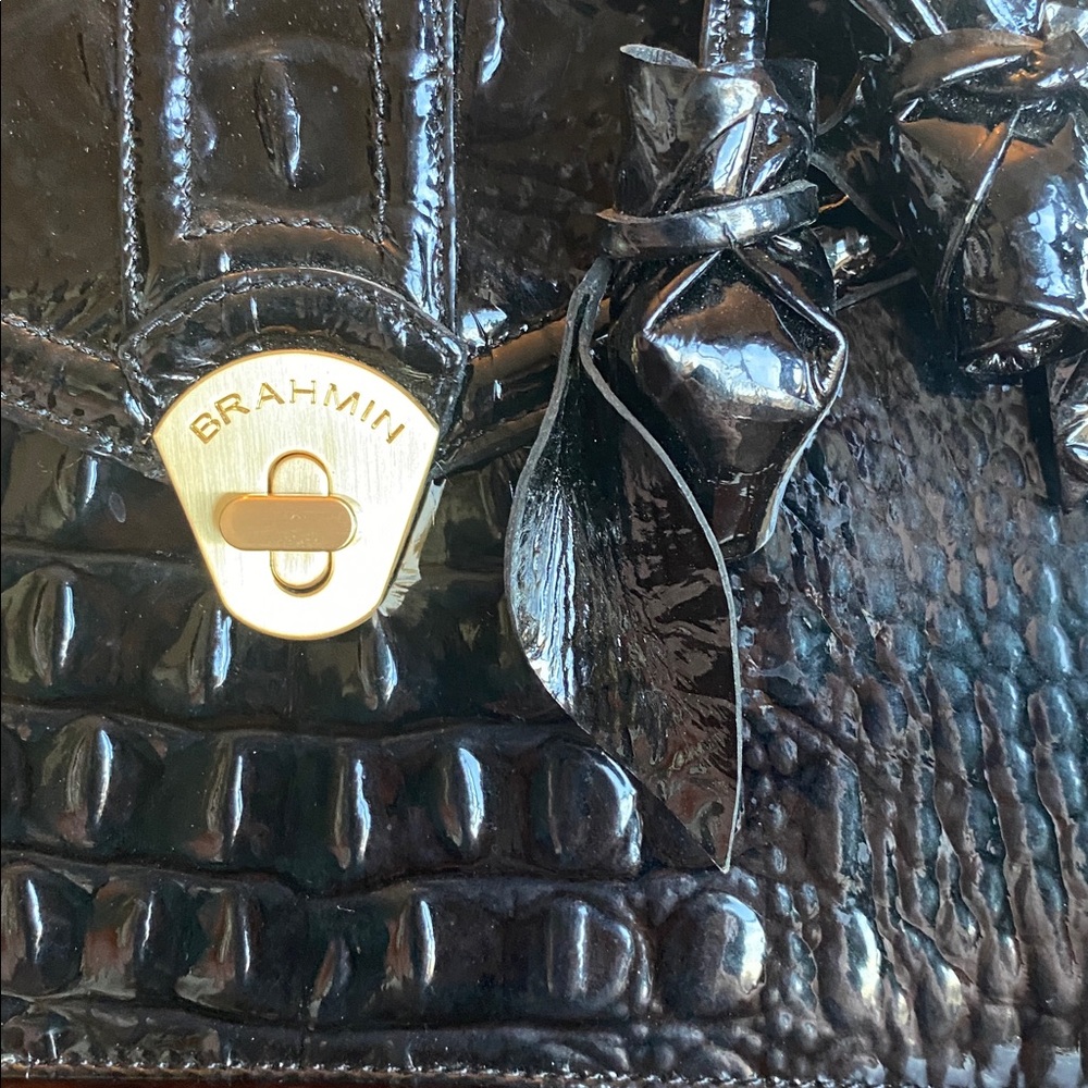 Brahmin Black Patent Croc-Embossed Top-Handle Satchel with Gold Hardware - Picture 2 of 4